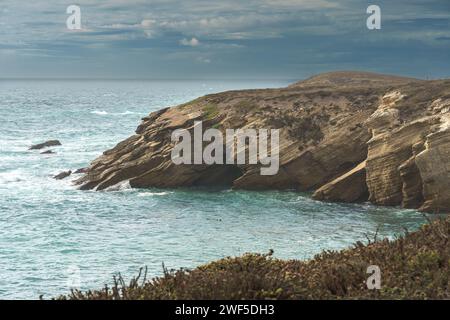 Une scène pittoresque d'une côte rocheuse rencontrant l'étendue sereine de l'océan, où les vagues embrassent doucement le rivage sous un ciel, la côte californienne Banque D'Images