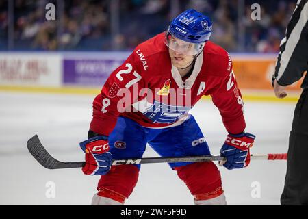 27 janvier 2024 : l'attaquant du Rocket de Laval Mitchell Stephens (27) patine en troisième période contre les Américains de Rochester. Les Américains de Rochester ont accueilli le Rocket de Laval dans un match de la Ligue américaine de hockey au Blue Cross Arena de Rochester, New York. (Jonathan Tenca/CSM) Banque D'Images