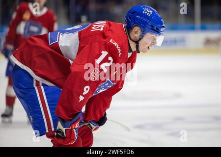 27 janvier 2024 : l'attaquant de Laval Filip Cederqvist (12) patine en première période contre les Américains de Rochester. Les Américains de Rochester ont accueilli le Rocket de Laval dans un match de la Ligue américaine de hockey au Blue Cross Arena de Rochester, New York. (Jonathan Tenca/CSM) Banque D'Images