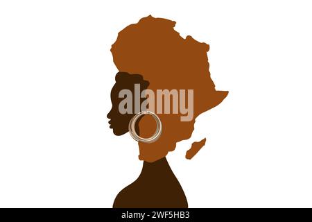 Concept de femme africaine, silhouette de profil de visage avec turban en forme de carte de l'Afrique. Modèle de conception de logo afro tribal illustration vectorielle Illustration de Vecteur