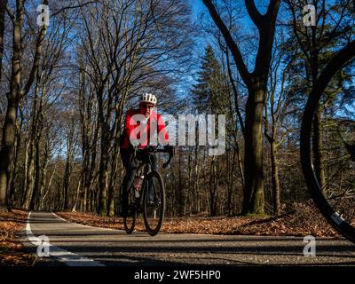 Groesbeek, Gelderland, pays-Bas. 28 janvier 2024. Un homme est vu à vélo sur la route entourée d'une forêt. Après trois tempêtes nommées (tempête Henk, tempête Jocelyn et tempête Isha) passées par les pays-Bas en janvier, ce week-end, les températures glaciales pendant la nuit ont transformé la campagne en paysages blancs. Le dimanche matin, les randonneurs et les motards ont profité d’une température ensoleillée et froide lors de leurs sports de plein air. (Image de crédit : © Ana Fernandez/SOPA Images via ZUMA Press Wire) USAGE ÉDITORIAL SEULEMENT! Non destiné à UN USAGE commercial ! Banque D'Images