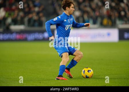 Torino, Italie. 27 janvier 2024. Tommaso Baldanzi d'Empoli FC vu en action lors du match entre la Juventus FC et Empoli FC dans le cadre de la Serie A italienne, match de football au stade Allianz, Turin. Score final ; Juventus FC 1 : 1 Empoli FC. (Photo de Nderim Kaceli/SOPA Images/Sipa USA) crédit : SIPA USA/Alamy Live News Banque D'Images