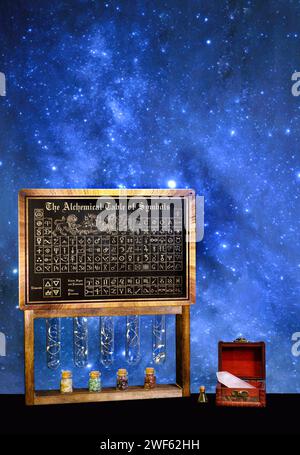 Tableau d'alchimie et outils métaphysiques pour lancer des sorts et la méditation. Banque D'Images