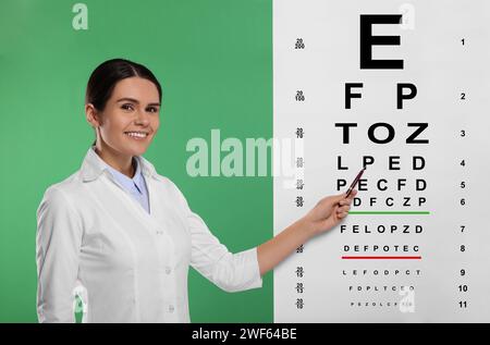 Ophtalmologiste pointant le tableau de test de vision sur fond vert Banque D'Images