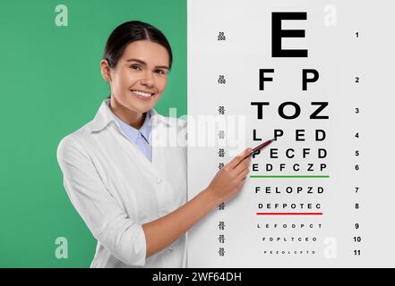 Ophtalmologiste pointant le tableau de test de vision sur fond vert Banque D'Images