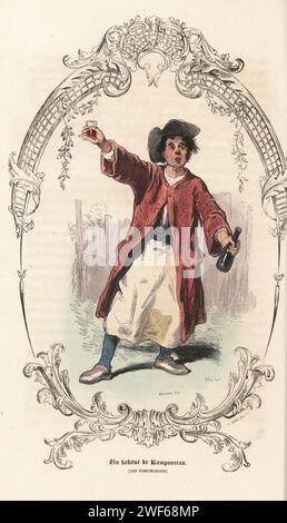 Un client régulier de Ramponneau, Paris, 18e siècle. Homme ivre en tricorne, long manteau et tablier, sabots, avec bouteille de vin et verre. Jean Ramponeau, marchand de vin et gardien de taverne dans le quartier Porcherons des cabarets. Une habituée de Ramponneau. Les Porcherons. Gravure sur acier colorée à la main par Alexandre Baulant d'après une illustration de Paul Gavarni, dans un cartouche décoratif de Pierre-Nicolas-Frederic Grenan, tiré d'autrefois ou le bon vieux temps d'Augustin Challamel, types de 18e siecle, Challamel et Cie, 1842. Banque D'Images