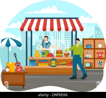 Illustration vectorielle de marché aux puces avec magasin d'occasion avec des acheteurs, échanger des rencontres, des vendeurs et des clients le week-end dans Business Flat Background Illustration de Vecteur