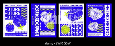 Mise en page de conception d'affiche et de couverture dans le style y2k avec grille abstraite formes techno simples. Vector Set de bannière bleu vif rétro dans l'esthétique rétro des années 2000 avec l'ornement de figure streetwear Wireframe. Illustration de Vecteur