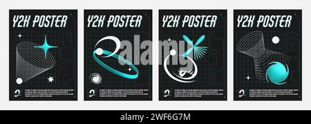 Bannières Y2K serties avec des signes géométriques. Illustration réaliste vectorielle d'affiches esthétiques rétrowave, formes abstraites turquoise sur fond noir avec paysage filaire, flyers Vibe rétro futuriste Illustration de Vecteur