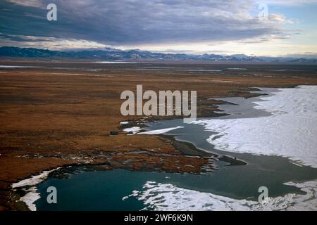 Paysage de débâcle printanière dans la région de 1002 de la réserve faunique nationale de l'Arctique, Brooks Range en arrière-plan, Alaska Banque D'Images