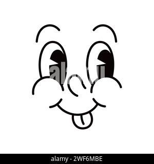 Dessin animé drôle comique groovy visage émotion et rétro personnage emoji mignon avec langue collante. Vecteur teasing émoticône de sourire, expression faciale ludique avec des yeux de lunettes expriment des sentiments positifs heureux Illustration de Vecteur