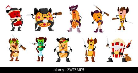 Personnages de cow-boy et ranger, bandit et shérif de dessin animé. Boisson gazeuse vecteur, pizza, hot-dog et pilon de poulet. Crème glacée, burrito ou shawarma, cocktail et bouteille de moutarde avec pop corn Illustration de Vecteur