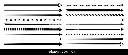 Flèches longues droites ensemble de pointeurs horizontaux vectoriels vers la droite. Isolé noir mince, épais, ondulé et squiggle, flèches pointillées et pointillées pointant vers la droite. Pictogrammes d'orientation vers l'avant Illustration de Vecteur