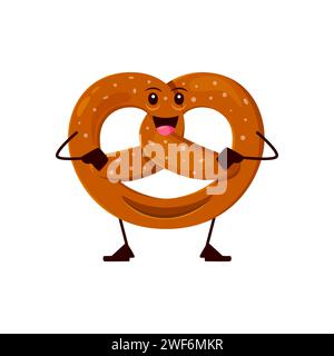 Personnage de boulangerie bretzel drôle de dessin animé. Vecteur isolé salé, un personnage de snack tordu avec un sourire effronté, des graines de sésame et une texture croustillante étirent les bras dans une étreinte pâteuse, prêt pour l'aventure Illustration de Vecteur