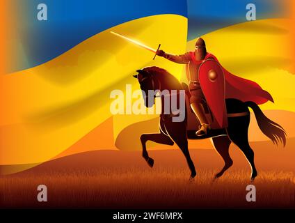 Illustration vectorielle de chevalier slave médiéval à cheval avec le drapeau de l'Ukraine comme arrière-plan Illustration de Vecteur