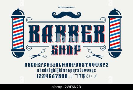 Police rétro barber ou vintage WESTERN type pour Barbershop alphabet anglais, vecteur vieille police ABC. Police Barber pour étiquette de magasin, texte de script design hipster avec des lettres en gras et des signes pour barbier Illustration de Vecteur