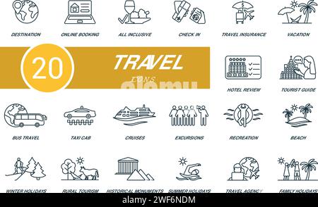 Icônes de contour de voyage définies. Icônes créatives : destination, réservation en ligne, tout compris, enregistrement, assurance voyage, vacances, revue d'hôtel, touriste Illustration de Vecteur
