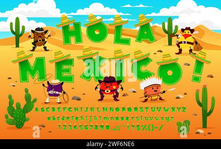 Police mexicaine de dessin animé ou caractère hispanique avec chapeau sombrero, police latino-américaine ou occidentale, alphabet vectoriel. Caractères mexicains ou typographie mexicaine pour la tequila, la cuisine mexicaine ou le carnaval fiesta Illustration de Vecteur