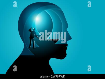 Quelqu'un regarde et essaie d'entrer dans les couches compliquées du cerveau humain, à la recherche d'idées, d'imagination et de concept psychologique Illustration de Vecteur