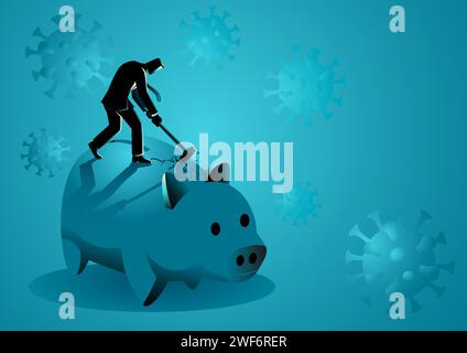 Illustration vectorielle de concept d'entreprise d'homme d'affaires cassant une tirelire géante pendant la pandémie, a besoin d'argent d'urgence, en utilisant de l'argent dans la crise financière Illustration de Vecteur