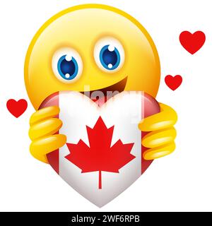Illustration vectorielle de l'émoticône tenant le symbole du coeur de l'insigne du Canada isolé sur blanc Illustration de Vecteur