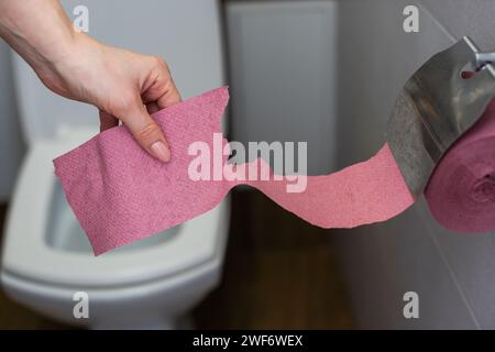 Une main féminine, femme tenant un rouleau de papier toilette rose, problèmes digestifs et concept de trouble de défécation. Banque D'Images