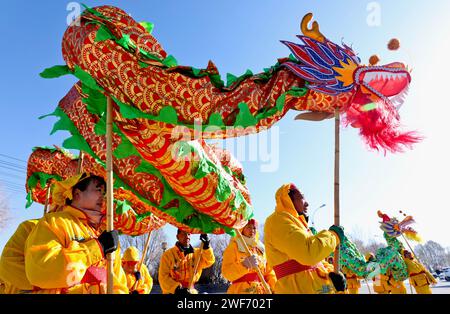 Zhangye, Chine. 29 janvier 2024. Les artistes répètent une danse du dragon à Zhangye, en Chine, le 28 janvier 2024. (Photo Costfoto/NurPhoto) crédit : NurPhoto SRL/Alamy Live News Banque D'Images