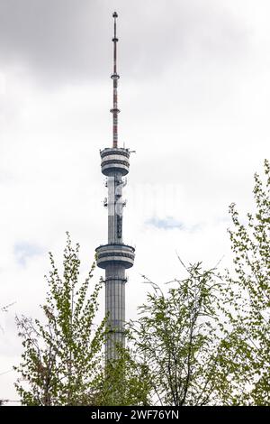 Grand bâtiment, vue de la tour de télévision à travers les branches d'arbre. structure antenne-mât en forme de tour sur laquelle des antennes de télévision émettent Banque D'Images