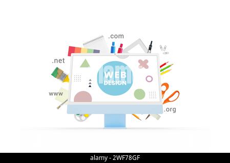 Ordinateur de studio de conception Web entouré d'objets et d'outils de conception volants. Une scène dynamique capturant l'essence de la créativité et de l'innovation Banque D'Images