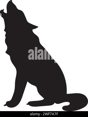 Loup silhouette noire hurle au corps animal de lune, personnage Halloween de conte de fées. Contour d'ombre effrayant de hurlements nocturnes de loup hurle d'épouvantail. Noir simple Illustration de Vecteur