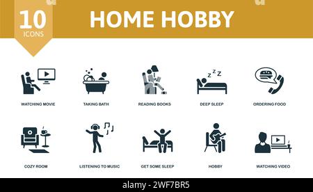 Icône Home Hobby Set. Icônes modifiables thème de passe-temps à la maison tels que regarder un film, lire des livres, commander de la nourriture et plus encore. Illustration de Vecteur