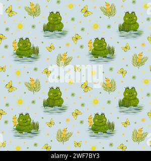 Grenouille amusante dans le marais. Modèle sans couture avec une grenouille dans l'eau et des fleurs. Un papillon avec une grenouille. Modèle pour enfants pour textiles, papeterie et Banque D'Images