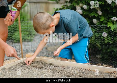 Mère pointant le fils où planter des graines de légumes dans le jardin Banque D'Images