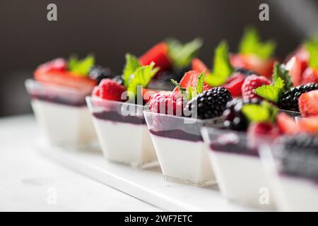 Panna Cotta à la vanille garnie d'un mélange de fruits à baies et de menthe Banque D'Images