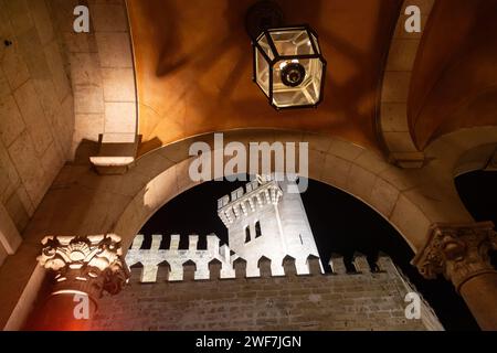 2 décembre 2023-vue extérieure la nuit des murs et des tourelles de l'étonnant Palais Royal de la Almudaina à Palma, Majorque, Espagne. Le Palais Royal Banque D'Images