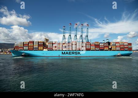 Conteneurs maritimes déchargés d'un navire Maersk, Algésiras, Andalousie, Espagne Banque D'Images