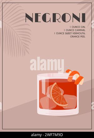 Cocktail Negroni en verre à l'ancienne avec de la glace. Aperol Campari boisson alcoolisée avec écorce d'orange et tranche d'agrumes sur fond avec ombre d'ora Illustration de Vecteur