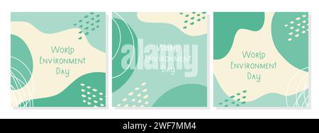 Cet ensemble de trois affiches célèbre la Journée mondiale de l'environnement avec des représentations abstraites de la nature dans des tons apaisants de vert et de crème. Illustration de Vecteur