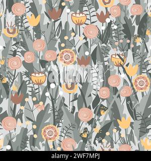 Motif sans couture de fleurs de fée dans le style folklorique scandinave, illustration vectorielle. Fond de prairie florale Doodle. Conception pour cartes, papier peint, textile Illustration de Vecteur