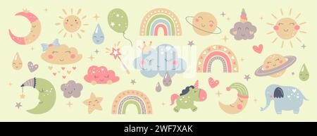 Éléments de chambre de bébé bohémien. Collection céleste dessinée à la main avec arc-en-ciel mignon, lune, soleil, nuage, pluie, animaux et ballon. Set pour nouveau-né avec des étoiles, des planètes. Décoration pour chambre ou douche de bébé. Illustration de Vecteur