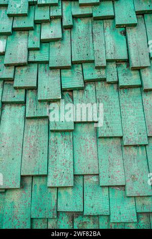 mur de maison décoratif en bois peint en vert et éclaboussé de peinture rouge Banque D'Images