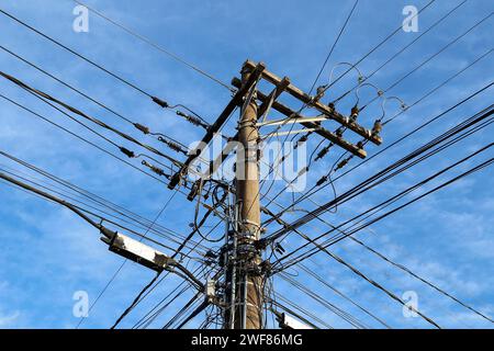 pôle en béton avec alimentation électrique, téléphonie et câblage à fibres optiques - concept d'électricité Banque D'Images