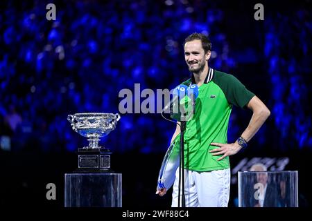 Paris, France. 28 janvier 2024. Daniil Medvedev lors de la finale du tournoi de tennis du Grand Chelem de l'Open d'Australie 2024 le 28 janvier 2024 à Melbourne Park en Australie. Crédit : Victor Joly/Alamy Live News Banque D'Images