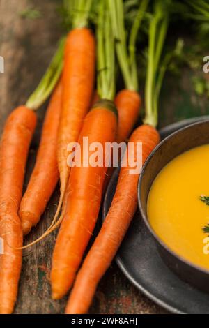 Une grappe de carottes fraîches et vibrantes avec des sommets verts le long d'un bol de soupe crémeuse de carottes garnie d'herbes sur une surface en bois rustique. Banque D'Images