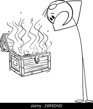 L'argent dans Treasure Chest brûle, Vector Cartoon Stick Figure Illustration Illustration de Vecteur