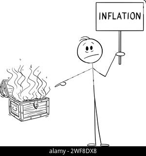 Inflation, argent dans le coffre au Trésor brûlent, Vector Cartoon Stick Illustration de figure Illustration de Vecteur