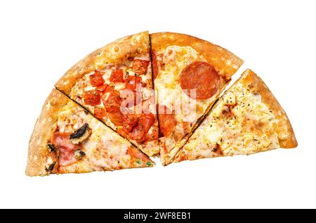 Ensemble de différentes tranches de pizza. Isolé sur fond blanc. Vue de dessus Banque D'Images