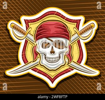 Logo Vector pour Pirate Skull, étiquette décorative avec illustration de crâne de pirate souriant méchant dans le bandana rouge et épées croisées pour l'équipe e-sport, ma Illustration de Vecteur