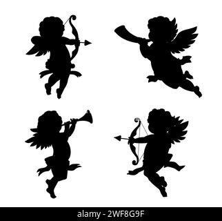 Cherub cupidon silhouettes, anges avec des flèches d'amour et des arcs ou des cornes soufflant, icônes vectorielles. cupids ou chérubins bébé angles de Saint-Valentin volant dans les ailes pour des silhouettes de chérubins rétro vintage Illustration de Vecteur