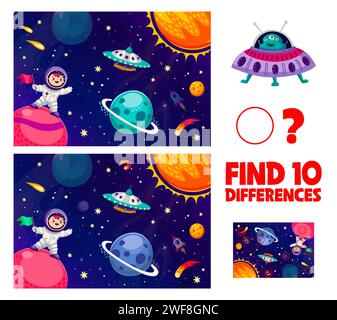 Trouvez dix différences dans le paysage spatial de la galaxie avec astronaute enfant et extraterrestre, jeu de quiz vectoriel. Trouver la feuille de calcul de différence avec l'homme de l'espace enfant sur la planète galaxie, OVNI extraterrestre avec Martien dans l'espace extra-atmosphérique Illustration de Vecteur